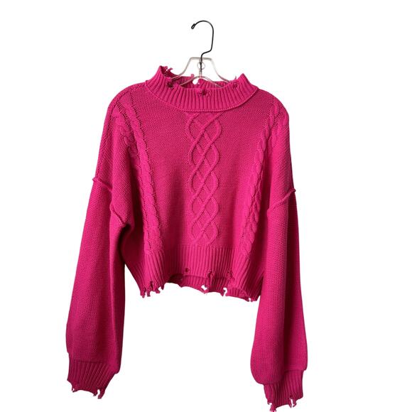 Nyc Knits Sweater Womens L Pink Cropped Distressed Mock Neck Cable Knit Pullover - Picture 1 of 11